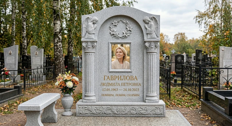 pamyatnik-iz-svetlogo-granita-s-angelami-i-kolonnami